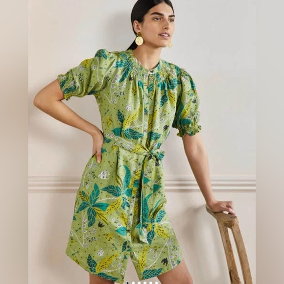 Boden Smocked 100% Linen Shirt Dress. Leaf, Oriental Cascade pattern. - Picture 9 of 10